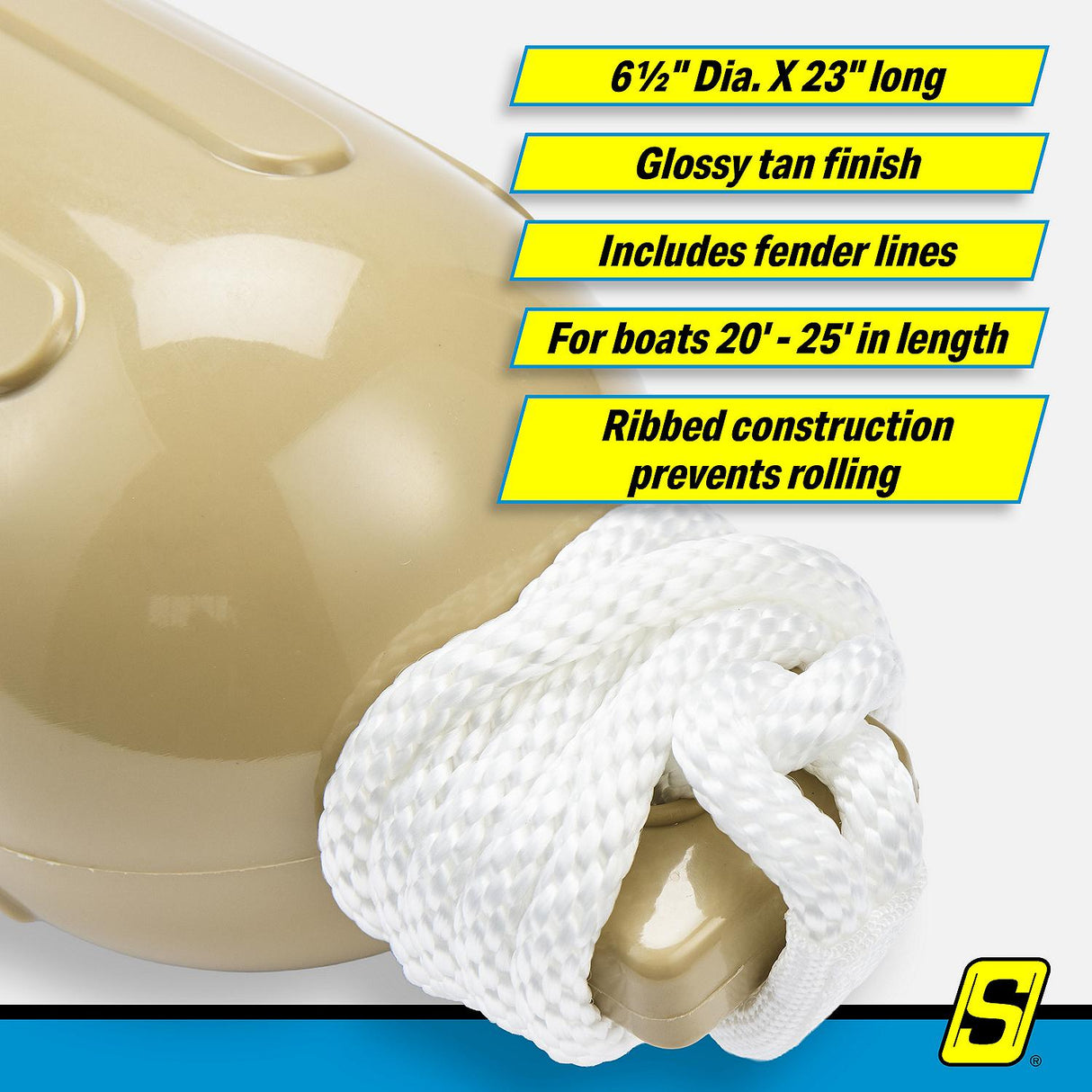 Seachoice 79274 Twin Eye Ribbed Fender Kit (Includes 2 6.5" x 23" Tan Fenders and 2 Matching 3/8 x 5' Fender Lines) - DE77234S - official Seachoice product image 6
