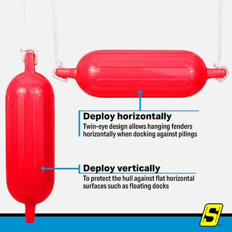 Seachoice 79276 Twin Eye Ribbed Fender Kit (Includes 2 6.5" x 23" Red Fenders and 2 Matching 3/8 x 5' Fender Lines) - DE77233S - official Seachoice product image 7