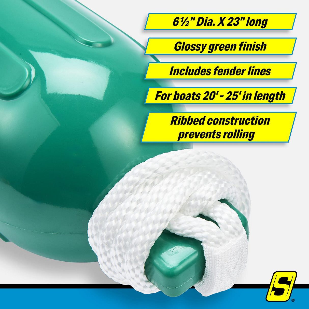 Seachoice 76277 Twin Eye Ribbed Fender Kit (Includes 2 6.5" x 23" Green Fenders and 2 Matching 3/8 x 5' Fender Lines) - DE77238S - official Seachoice product image 7