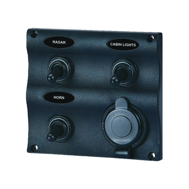 Seasense Wave Design Toggle Switch Panel with 12 volt Power Socket (3 Gang) - 50031290 - image 1