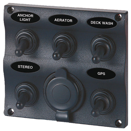 Seasense Wave Design Toggle Switch Panel with 12 volt Power Socket (5 Gang) - 50031295 - image 1