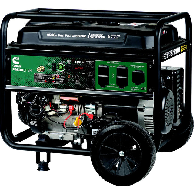 Onan (Cummins) Designed in a dual-fuel setup, it runs on gasoline or propane (LPG) with the flip of a switch. Producing 9500 peak watts and 7500 running watts of power (using gasoline),is paired with a 6.6-gallon fuel tank With the included remote starter