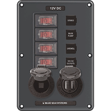 Blue Sea Systems Blue Sea 4321 Circuit Breaker Switch Panel 4 Position - Gray w/12V Socket &amp; Dual USB