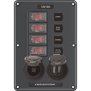 Blue Sea Systems Blue Sea 4321 Circuit Breaker Switch Panel 4 Position - Gray w/12V Socket &amp; Dual USB