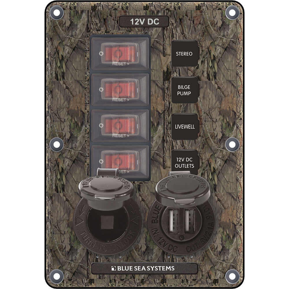 Panel de interruptores de circuito Blue Sea 4324, 4 posiciones, camuflaje con enchufe de 12 V, USB dual [4324]