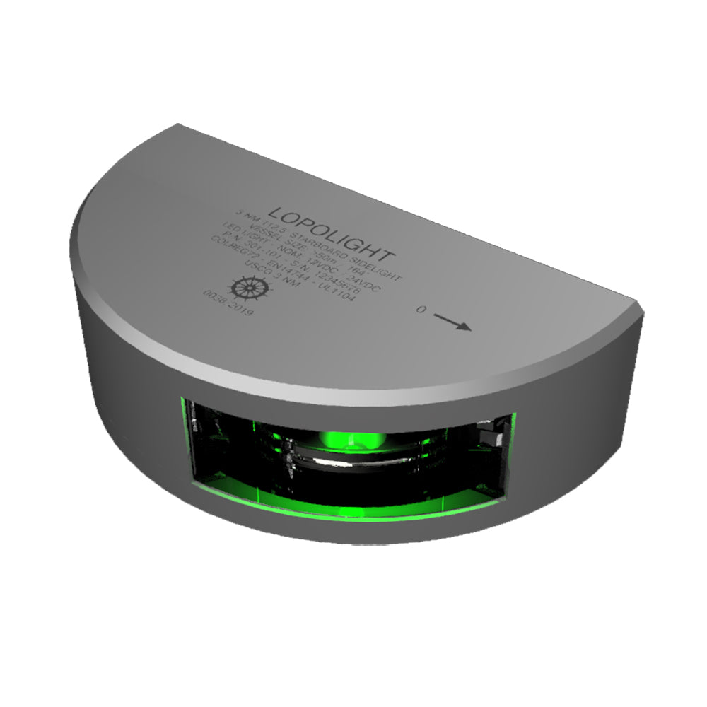 Lopolight Series 301-101 - Vista lateral de estribor - 3NM - Montaje vertical - Verde - Carcasa plateada [301-101]