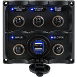 Sea-Dog Water Resistant Toggle Switch Panel w/USB Power Socket - 5 Toggle - 424617-1
