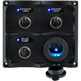 Sea-Dog Water Resistant Toggle Switch Panel w/LED Power Socket - 3 Toggle - 424623-1