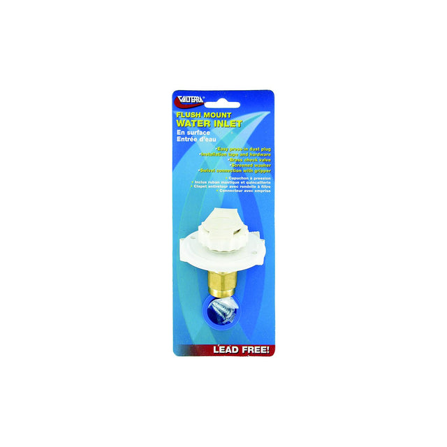 Valterra White Flush Mount FPT Brass Check Valve RV Water Inlet | Includes Screws, Putty Tape & Teflon Tape - A01-0171LFVP - image 1
