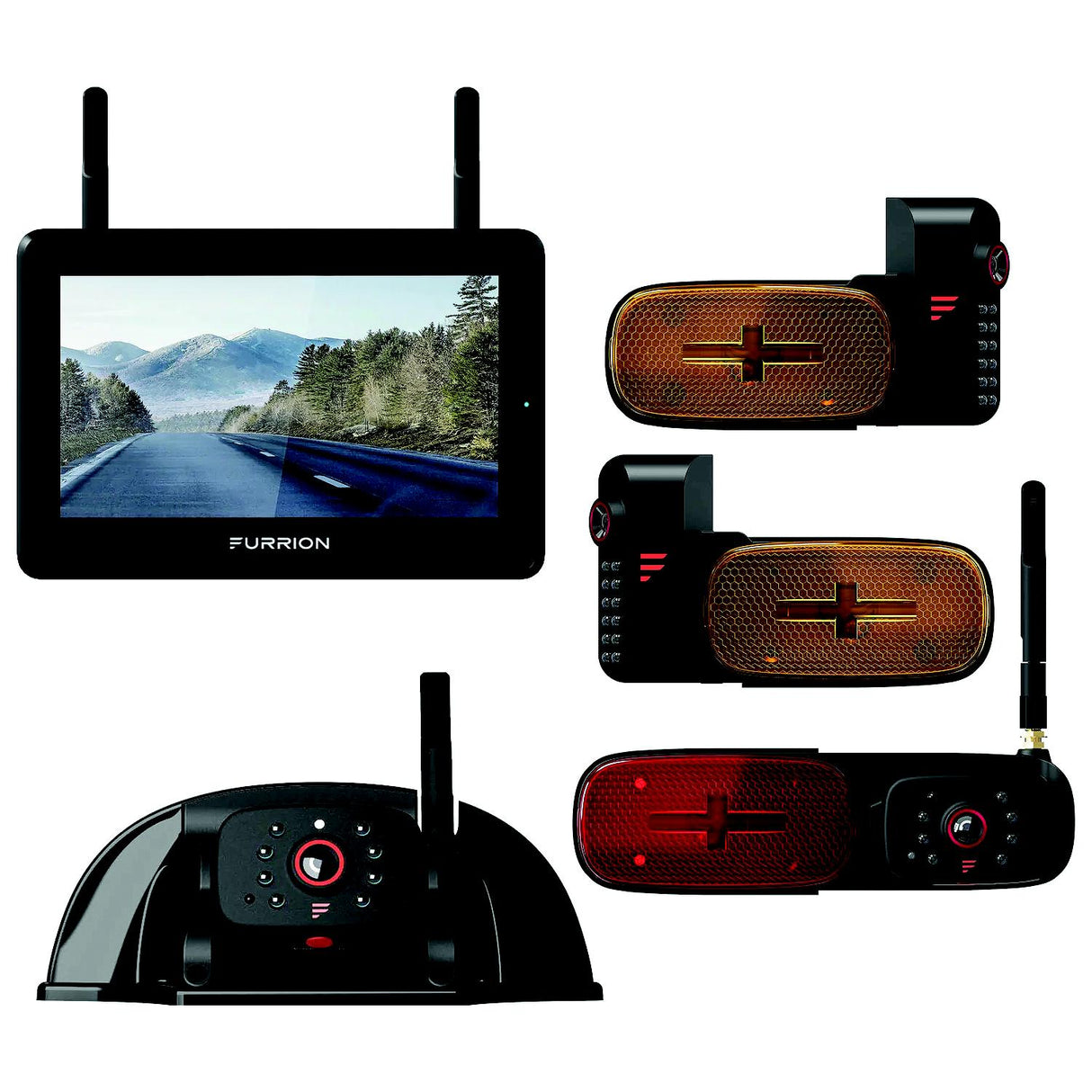 Furrion 2021124366 Vision S®+ RV Observation System - 7" Monitor, Side Cameras with LED Marker Lights, Sharkfin Camera, Rear Camera with LED Marker Light - image 1