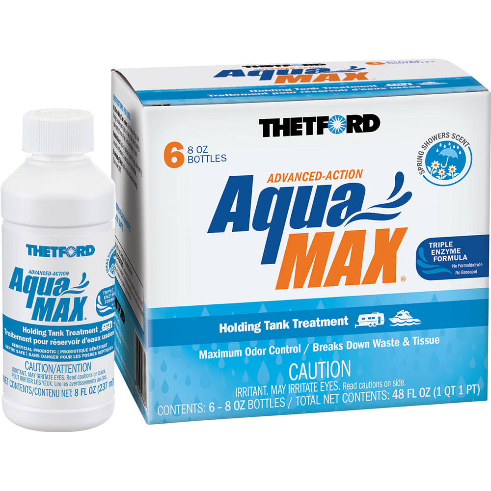 Thetford AquaMax Tratamiento para tanque de retención - Paquete de 6 - Líquido de 8 oz - Aroma a ducha de primavera [96634]