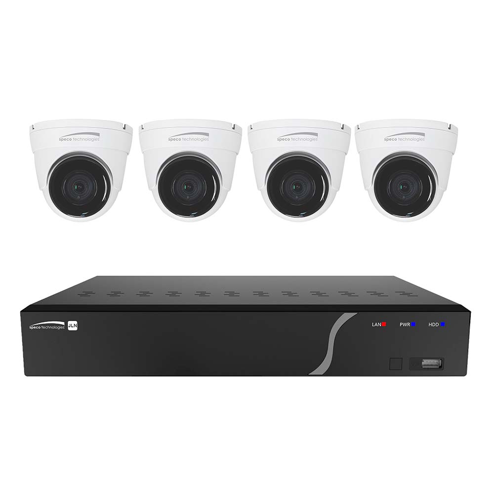 Kit NVR Speco de 4 canales con 4 cámaras IP IR de 5 MP para exteriores, lente fija de 2,8 mm, kit de 1 TB NDAA [ZIPK4N1]