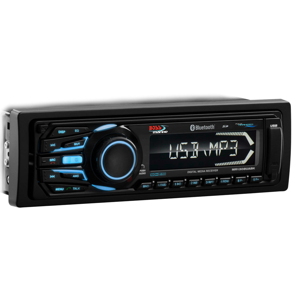 Boss Audio MR1308UABK Bluetooth - Receptor de medios digitales totalmente marinizado compatible con MP3 con puertos para tarjeta de memoria SD USB Entrada auxiliar [MR1308UABK]