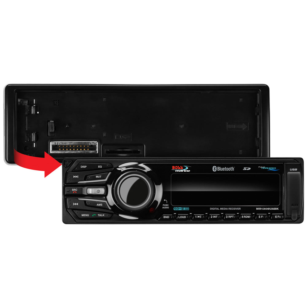 Boss Audio MR1308UABK Bluetooth - Receptor de medios digitales totalmente marinizado compatible con MP3 con puertos para tarjeta de memoria SD USB Entrada auxiliar [MR1308UABK]