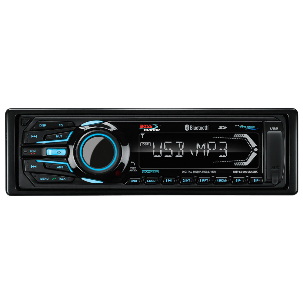 Boss Audio MR1308UABK Bluetooth - Receptor de medios digitales totalmente marinizado compatible con MP3 con puertos para tarjeta de memoria SD USB Entrada auxiliar [MR1308UABK]