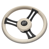 Schmitt Marine Torcello Elite 14" Wheel - Beige Leather &amp; Cap - White Stitching - Black SS Spokes - 3/4" Tapered Shaft - PU081B11