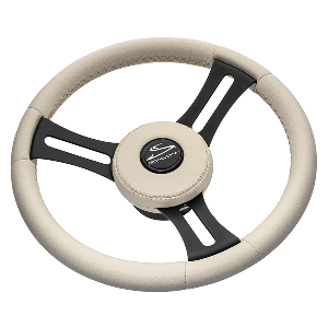 Schmitt Marine Torcello Elite 14" Wheel - Beige Leather &amp; Cap - White Stitching - Black SS Spokes - 3/4" Tapered Shaft - PU081B11