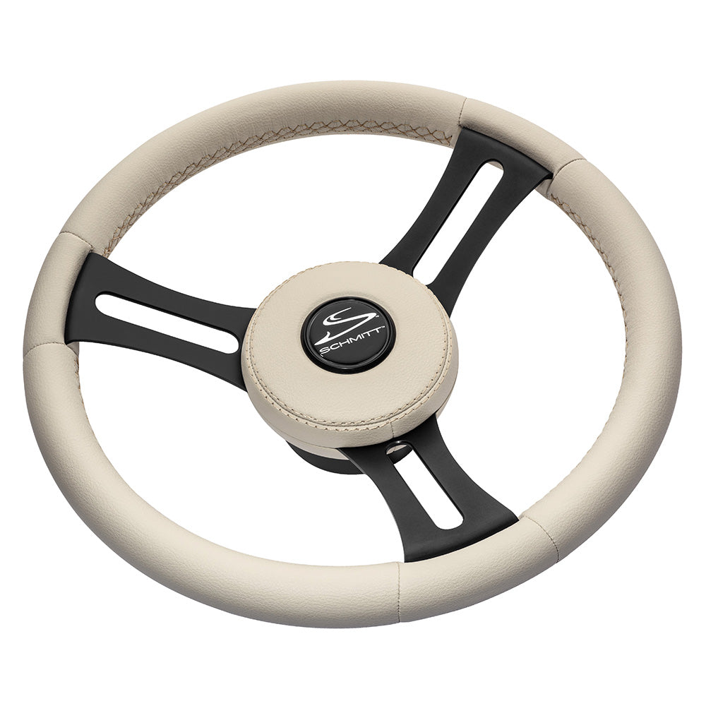 Rueda Schmitt Marine Torcello Elite de 14" - Tapa de cuero beige - Costuras blancas - Radios SS negros - Eje cónico de 3/4" [PU081B11]