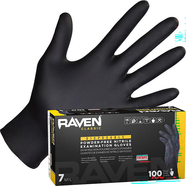 Ravin Gloves Raven Safety 66517 Nitrile 7mil Blk Glove M 100/bx, Nitrile, 7 mil, 9.5", Exam, Black, 9.25 x 5.25 x 3.75 - image 1