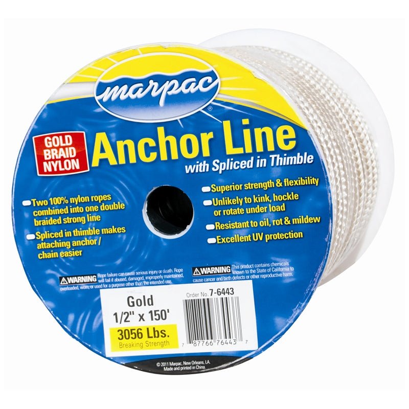 Marpac 1659480 ANCHOR LINE NYL DBL/BRD 1/2"X150' GLD/WH
