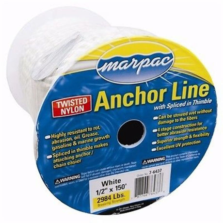Marpac White 1/2"x200' Twisted Nylon Anchor Line 7-6438 Boat marine